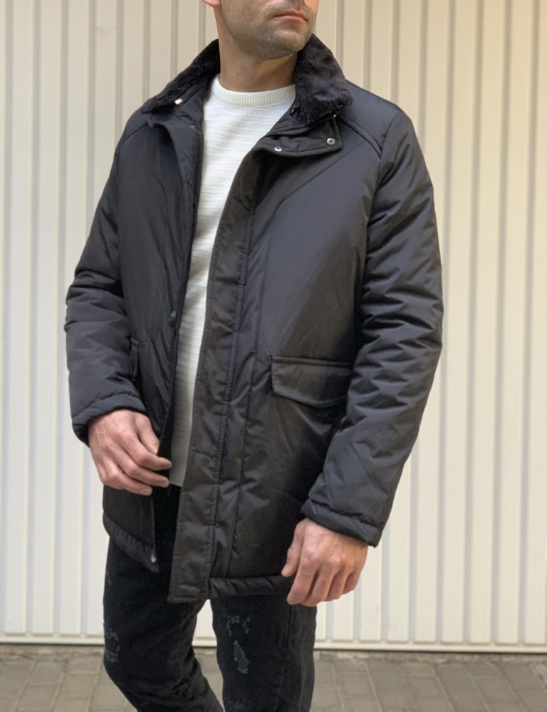 Ανδρικό μαύρο μπουφάν με αποσπώμενο γιακά και κουμπιά 444 φωτογραφία